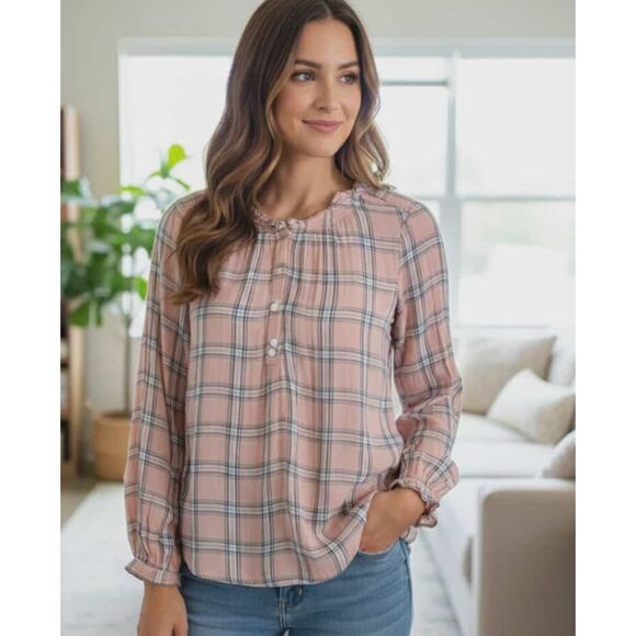 LOFT Tops - Loft Size S Blouse Pink Plaid Long Sleeve Buttons Ruffled Neck Peasant Cottage
